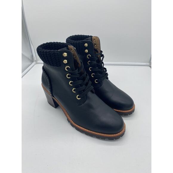 New Jack Rogers Harper Leather Lace Up‎ Hiker Knit Block Heel Boots Black Sz 10M - Picture 2 of 7